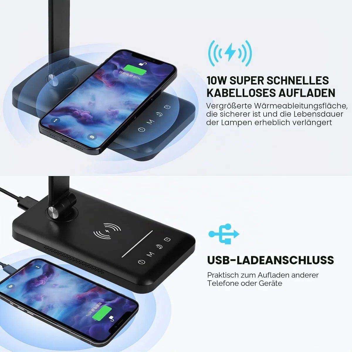 BIENSER Schreibtischlampe LED mit 10W Wireless Charging, USB Ladefunktion, 600LM Bürolampe Tischlampe mit 10 Helligkeits X 5 Farbstufen Dimmbar, Nachtlicht, Memory-Funktion, Auto Timer, 6000K, 24W