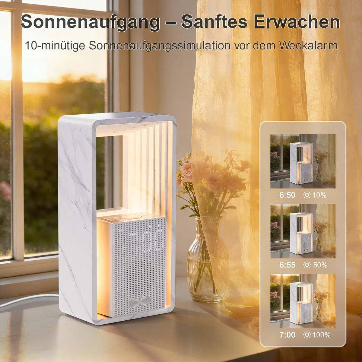 Hensam Tageslichtwecker mit Weißem Rauschen, Lichtwecker mit Sonnenaufgangssimulation, Nachtuhr Wecker mit 20 Naturgeräusche und Timer für Leichtschläfer, Wake up Licht für Kinder, Erwachsene