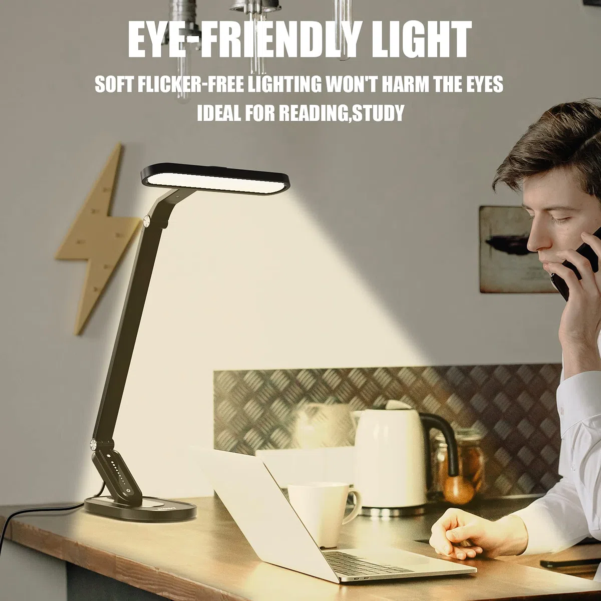 JKSWT Schreibtischlampe, für die Augenpflege Dimmbare Tischlampe mit 5 Farbmodi 72 LEDs mit USB-Ladeanschluss Touch-Steuerung und Memory-Funktion Bürolampe,Schwarz
