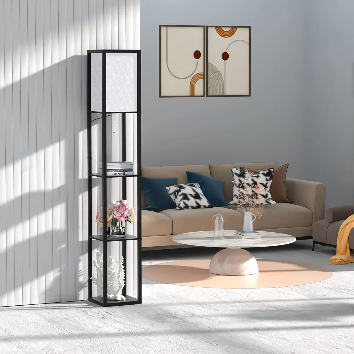 Omdekor Stehlampe mit Regal aus Holz, Stehlampe Wohnzimmer mit 3 Farbtemperatur, Stehleuchte 1.62M mit Lampenschirm, Moderne Schwarz Standleuchte mit 3 Holzregale für Whonzimmer Schlafzimmer Büro