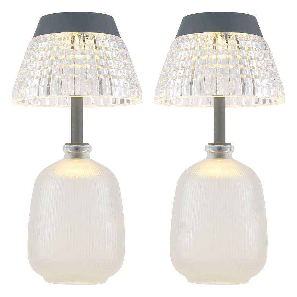 Solarlampe Tischleuchte Außenlampe klar Akku Glas LED Gartenlampe Balkonlampe, Acryl, Glas, LED 3000K warmweiß, DxH 13,5x27 cm, 2er Set