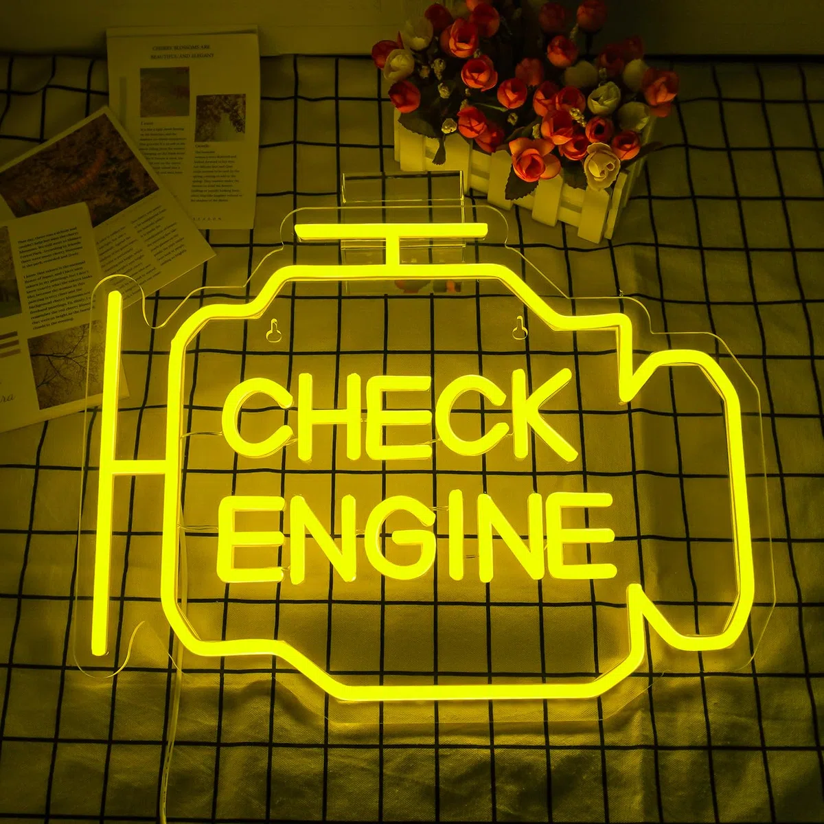 Horseneon Check Engine Neon Schild für Garage LED Schilder Leuchtschilder für Autowerkstatt USB-Dimmer Neon Sign gelbe Neon Light für Wanddekoration Auto Zimmer Männerhöhle Garage Werkstatt