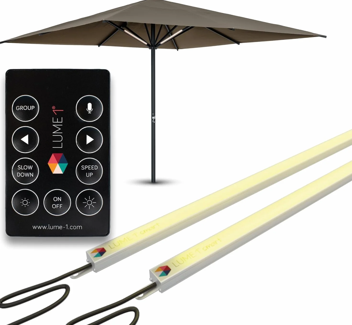 Lume1 Sonnenschirmbeleuchtung mit Fernbedienung, LED Leisten, warmweiß 1000 Lumen, 2700 Kelvin, Akku enthalten Smart Modell 2026 (Smart 2er Set)