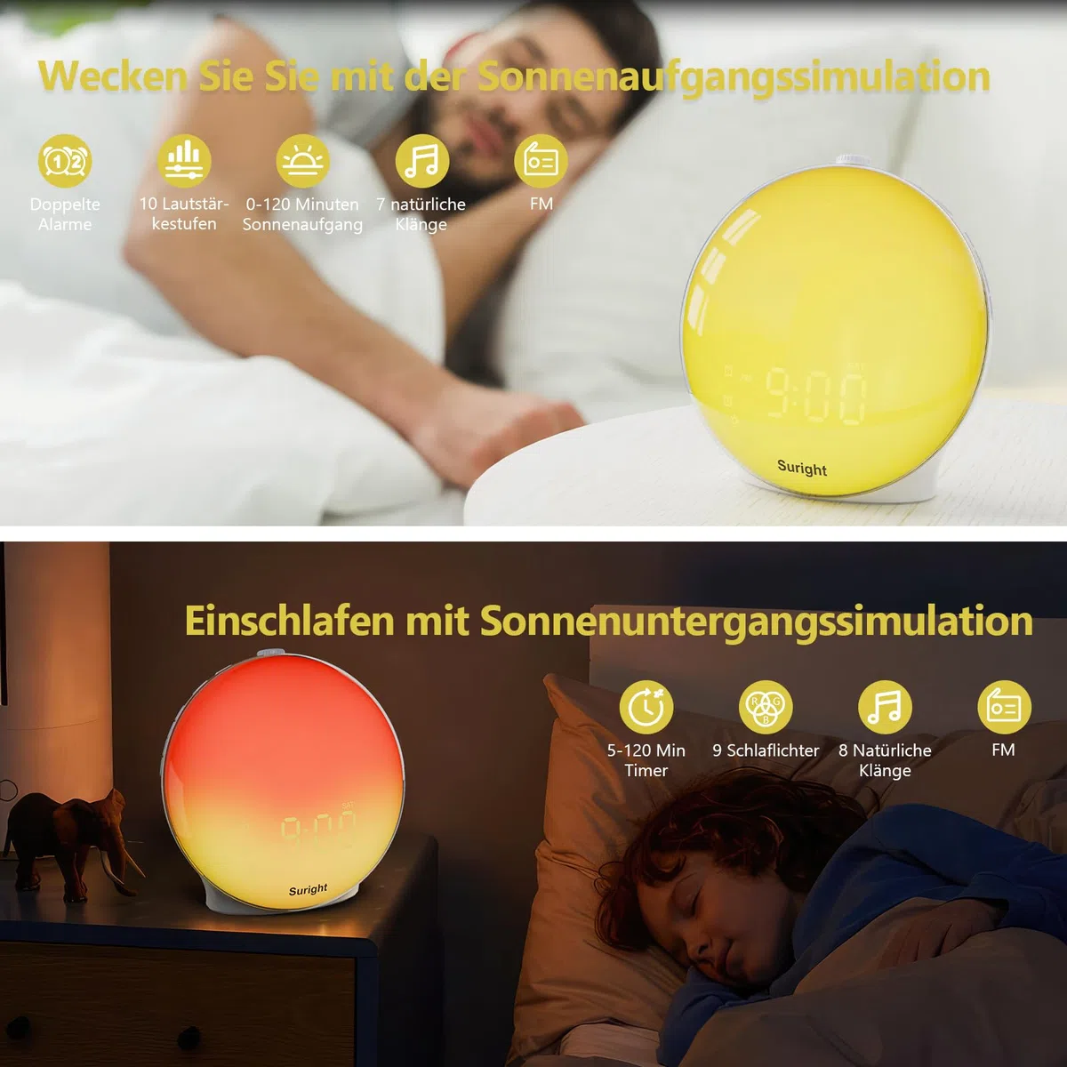Suright Lichtwecker Tageslichtwecker, Wake Up Licht Wecker, Sonnenaufgang Sonnenuntergang Simulation Wecker Radio 15 Naturgeräusche 2 Alarmen Snooze 18 Farblicht 20 Helligkeit Nachttischlampe
