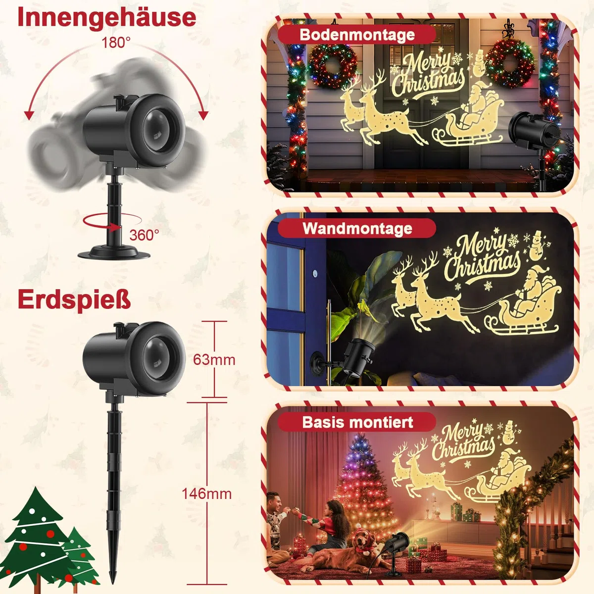 Weihnachten Deko Outdoor Innen,3D Dynamische Halloween Projektor, Wasserdicht LED Projektionslampe mit Schlitten,Jesus,Schädel,Fledermaus für Wand Friedhof Fenster Garten Hof Party Deko Projector