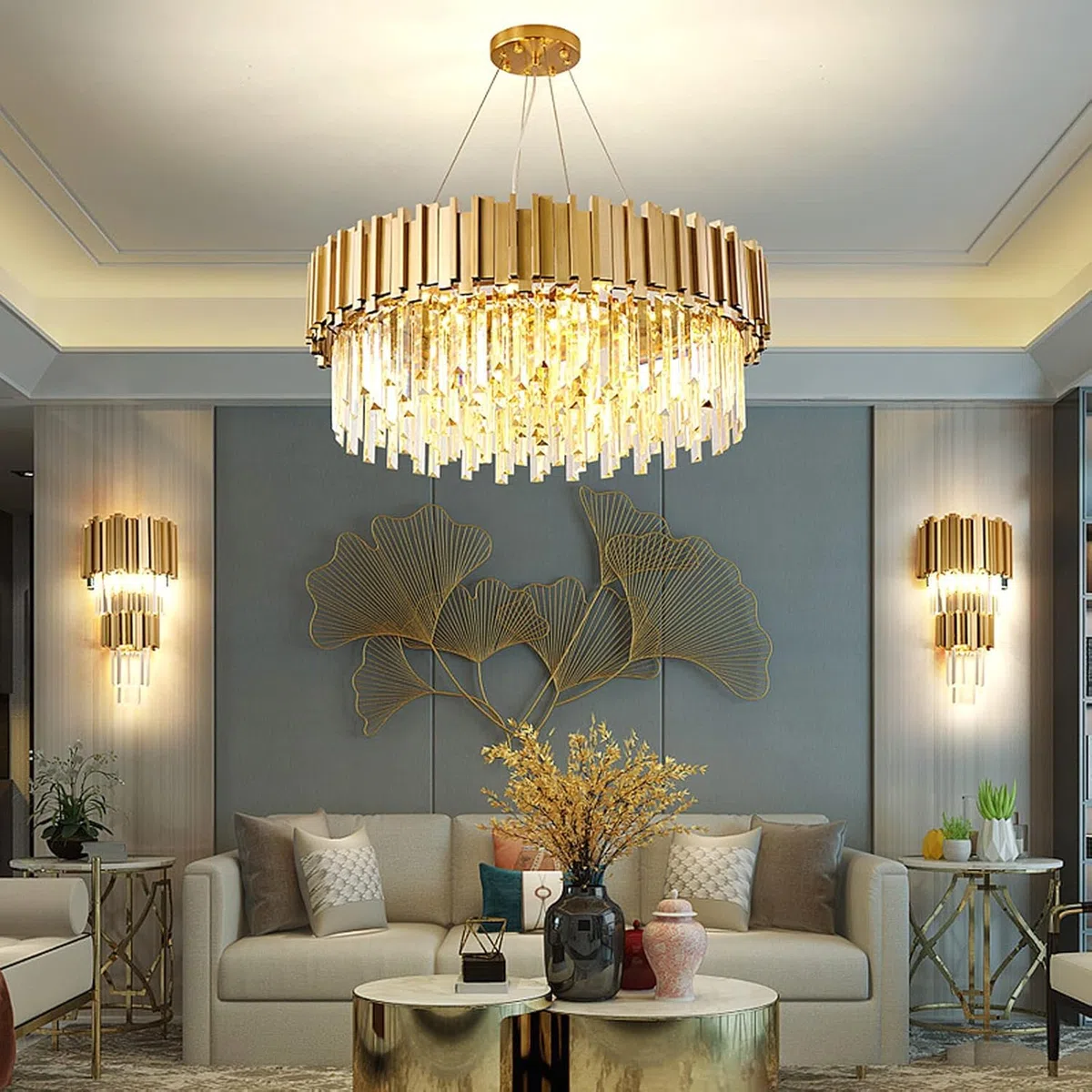 AHXIAOZN Modern Kronleuchter Kristall Leuchte,Kristall Deckenleuchte Gold,9xE14 Lichter für Esszimmer, Küche, Wohnzimmer, Schlafzimmer, Flur, Café,Bar