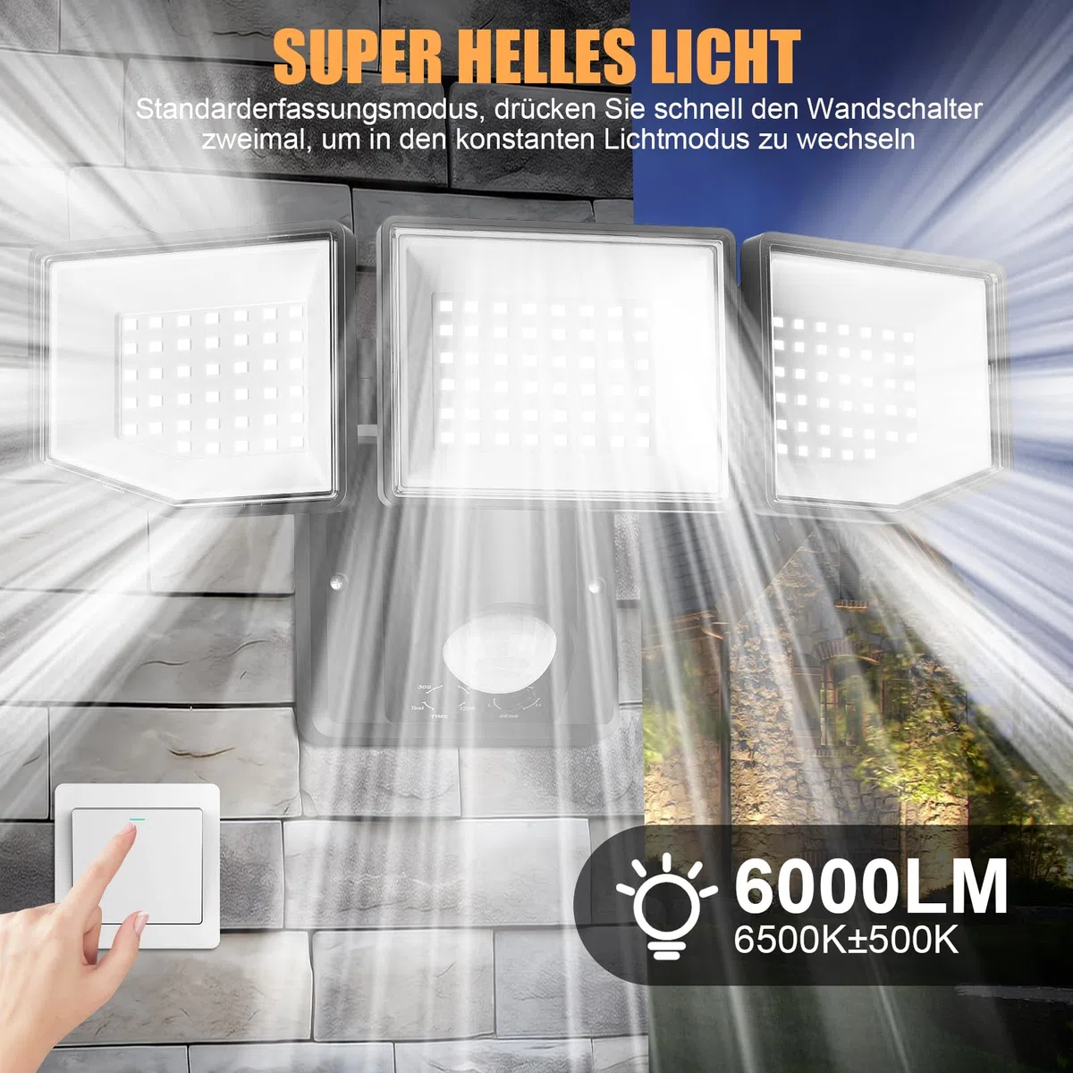 LED Strahler mit Bewegungsmelder Außen, 6000LM 38W Superhell Außenstrahler mit verstellbaren 3 Köpfe, 6500K Kaltweiß LED Scheinwerfer, IP65 Wasserdicht Aussenleuchte für Garage, Garten, Hof…