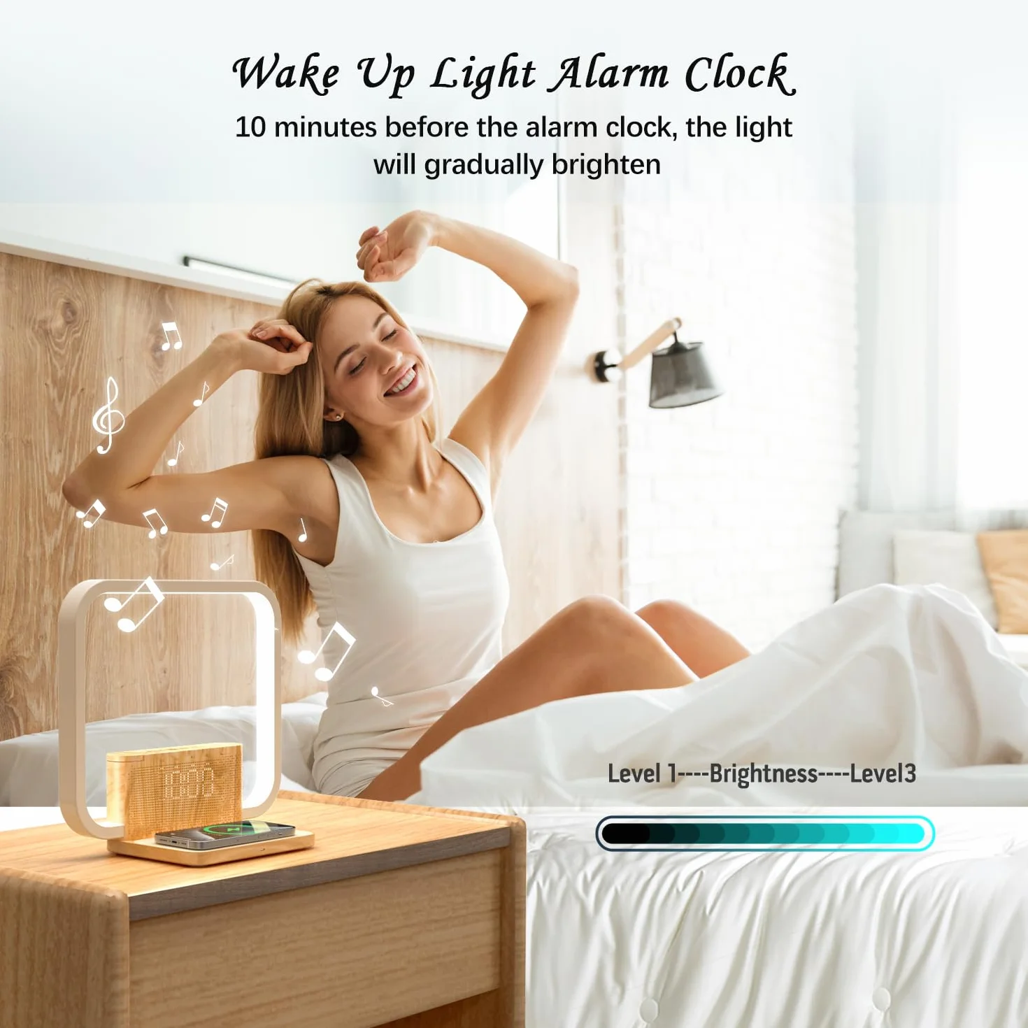 Nachttischlampe mit Ladefunktion, 10W Wireless Charger, Wake Up Licht, 10 Natürlichen Klängen Einschlafhilfe und Tischlampe Touch Dimmbar mit 3 Helligkeitsstufen für Schlafzimmer Wohnzimmer Büro