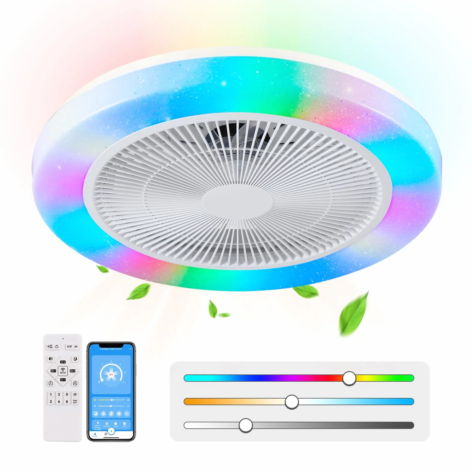 AHXIAOZN RGB Deckenlampe mit Ventilator, Leiser Moderner Deckenventilator mit Licht, Dimmbar LED, Fernbedienung & APP, Weiß