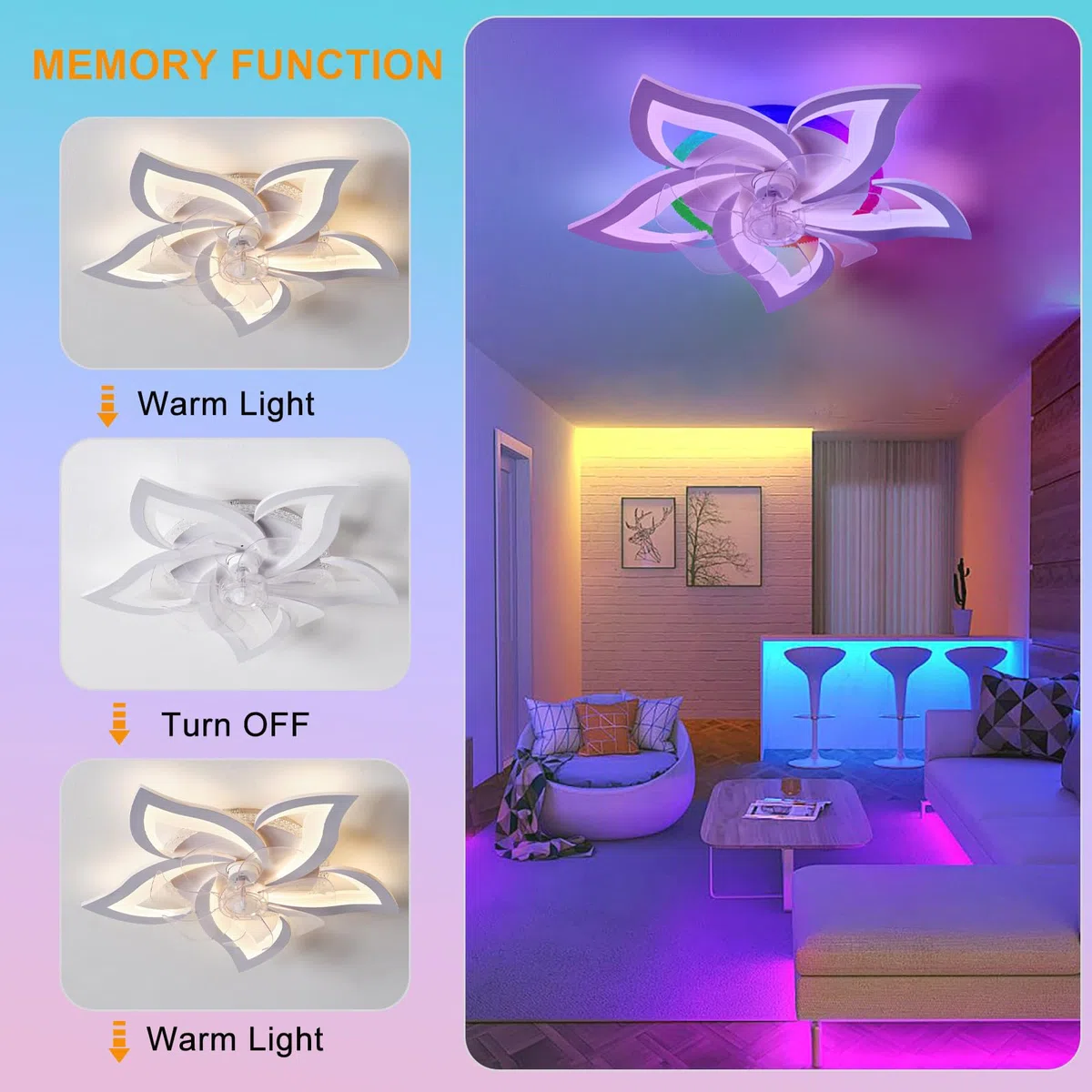 RGB Deckenlampe mit Ventilator Dimmbar LED DC Reversibel 6 Gang Fernbedienung Weiß