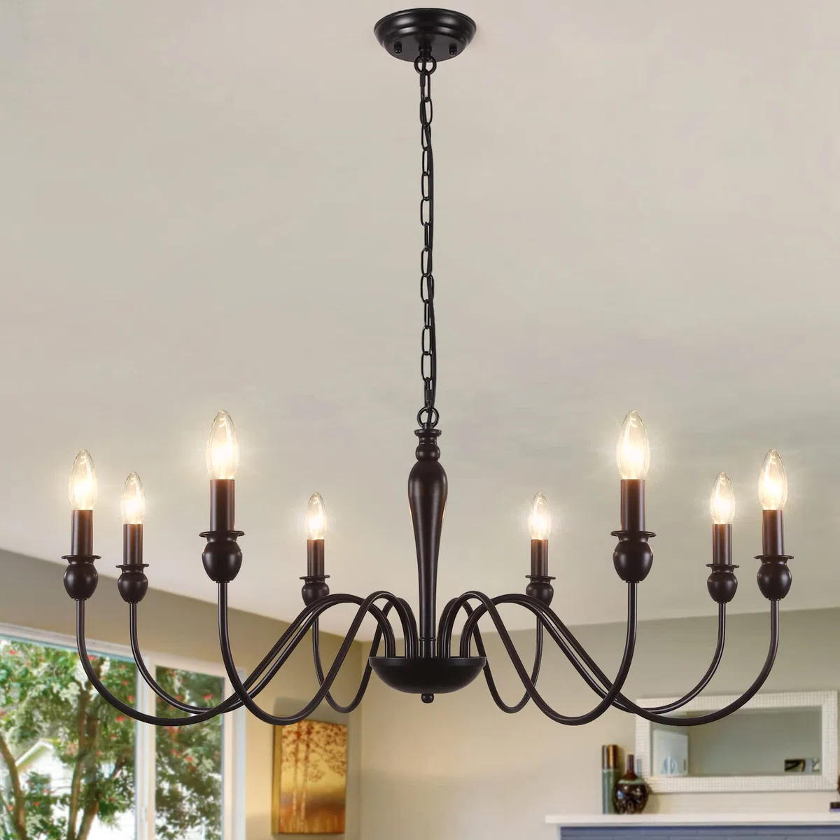 Kronleuchter Schwarz 8 Flammig Kronleuchter Vintage, Klassische Kerze Pendelleuchte Esstisch, Deckenlampe Wohnzimmer Hängend mit E14 Fassung, Hängelampe für Wohnzimmer Schlafzimmer Küche Flur