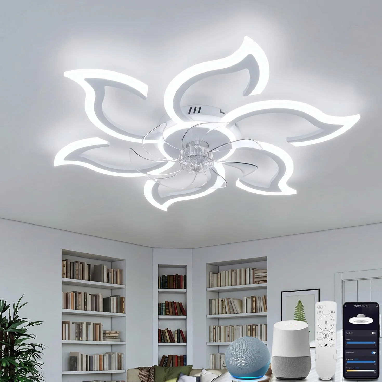 Smart Deckenlampe mit Ventilator Leise Fernbedienung 88cm Kompatibel Alexa Google Home Deckenventilator Beleuchtung Winterbetrieb Weiß