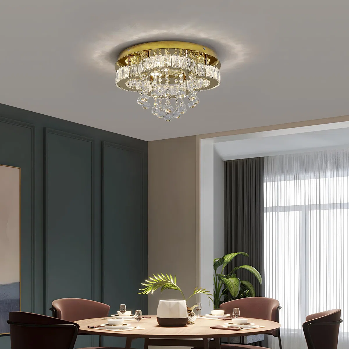 GreeLustr Moderne Kristall Kronleuchter für Wohnzimmer, Variables Licht Deckenleuchte Kristalle mit Elegantem Design für Schlafzimmer Flur Küche, Golden Deckenlampe Kristall für Decke (40cm)