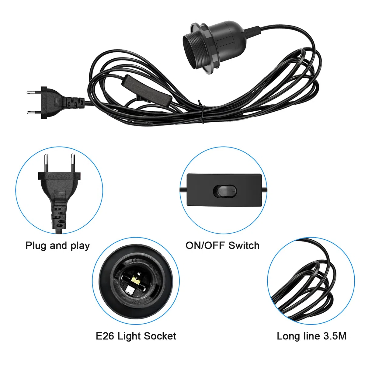 3 x E27 Lampenfassung mit Schalter mit Stecker, E27 Fassung Schwarz mit 3,5m Kabel Schraubring - Küche, Wohnzimmer und Kinderzimmer - Schwarz
