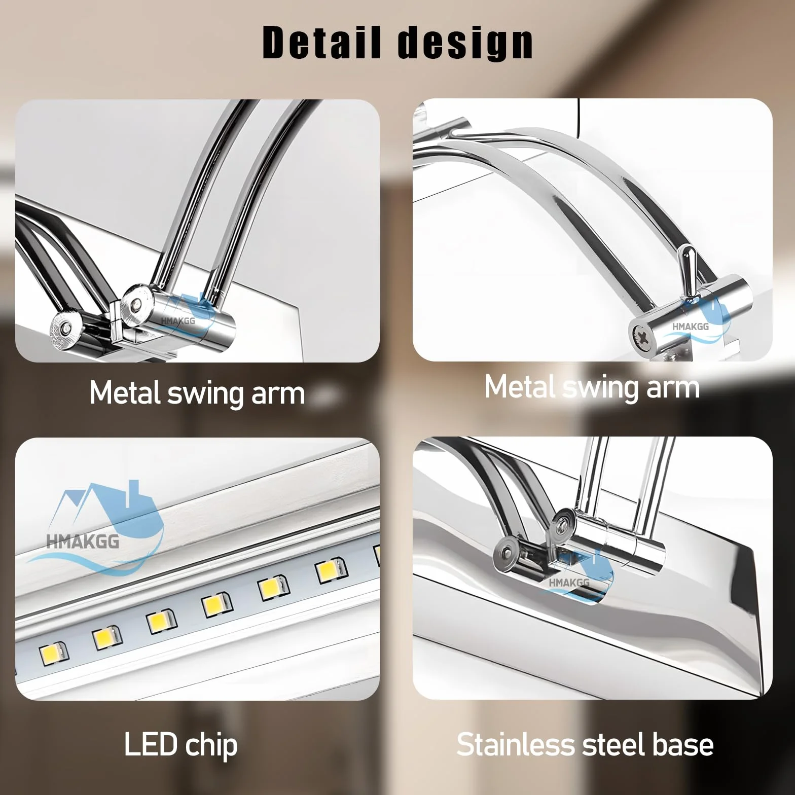 LED Spiegelleuchte Bad mit Schalter, Spiegellampe Badezimmer mit Bewegungsmelder, 6W 29cm Badlampe Wand aus Edelstahl, 240° Drehbar Wandleuchte Badezimmer, IP44 Kaltweiß 6000K, Silber