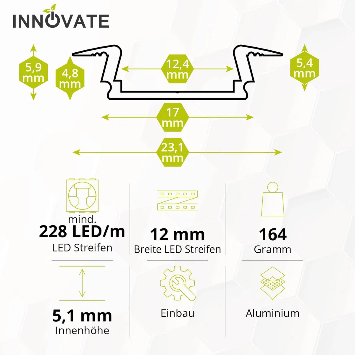 INNOVATE LED Einbauprofil 2m 4er Set [12x6mm Aluprofil Silber Diffusor Milchig] Aluprofil für LED Streifen 2m I Indirekte Beleuchtung Unterbauleuchte Küche I Ambientebeleuchtung Wohnzimmer LEDs Büro