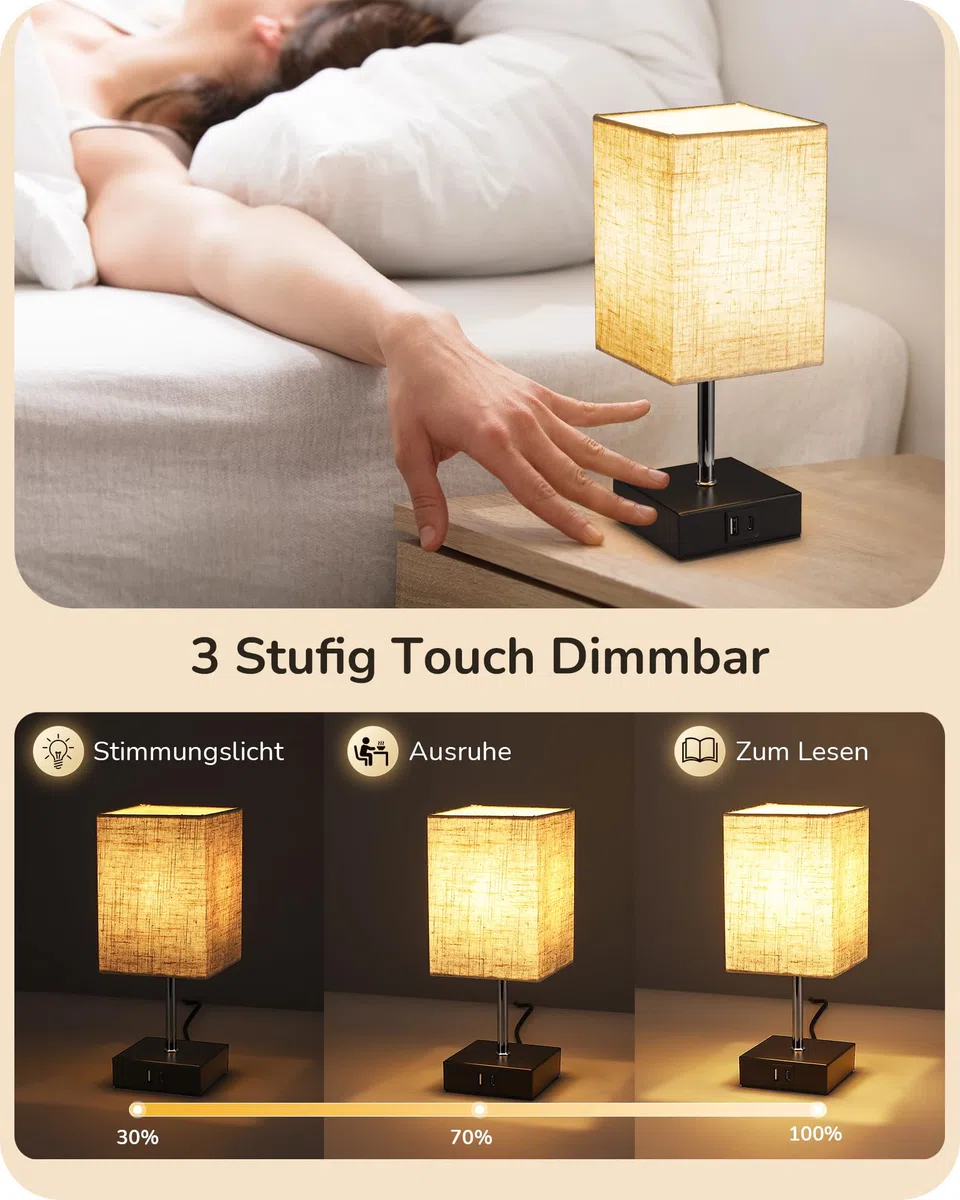 EDISHINE LED Nachttischlampe Touch Dimmbar 2er Set, Tischlampe Modern, Kleine Lampe, mit Ladefunktion, 2 USB Anschlüsse, für Schlafzimmer, Wohnzimmer, Fensterbank, Geschenk, Beige