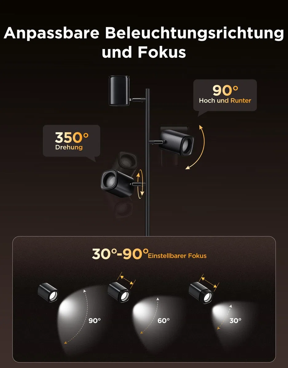 Govee 3-Flammen LED Stehlampe, RGBWW Fokus-Verstellbar, 1500lm, Matter Alexa Kompatibel, 64+ Szenen, Musik Sync, 157cm, Schwarz