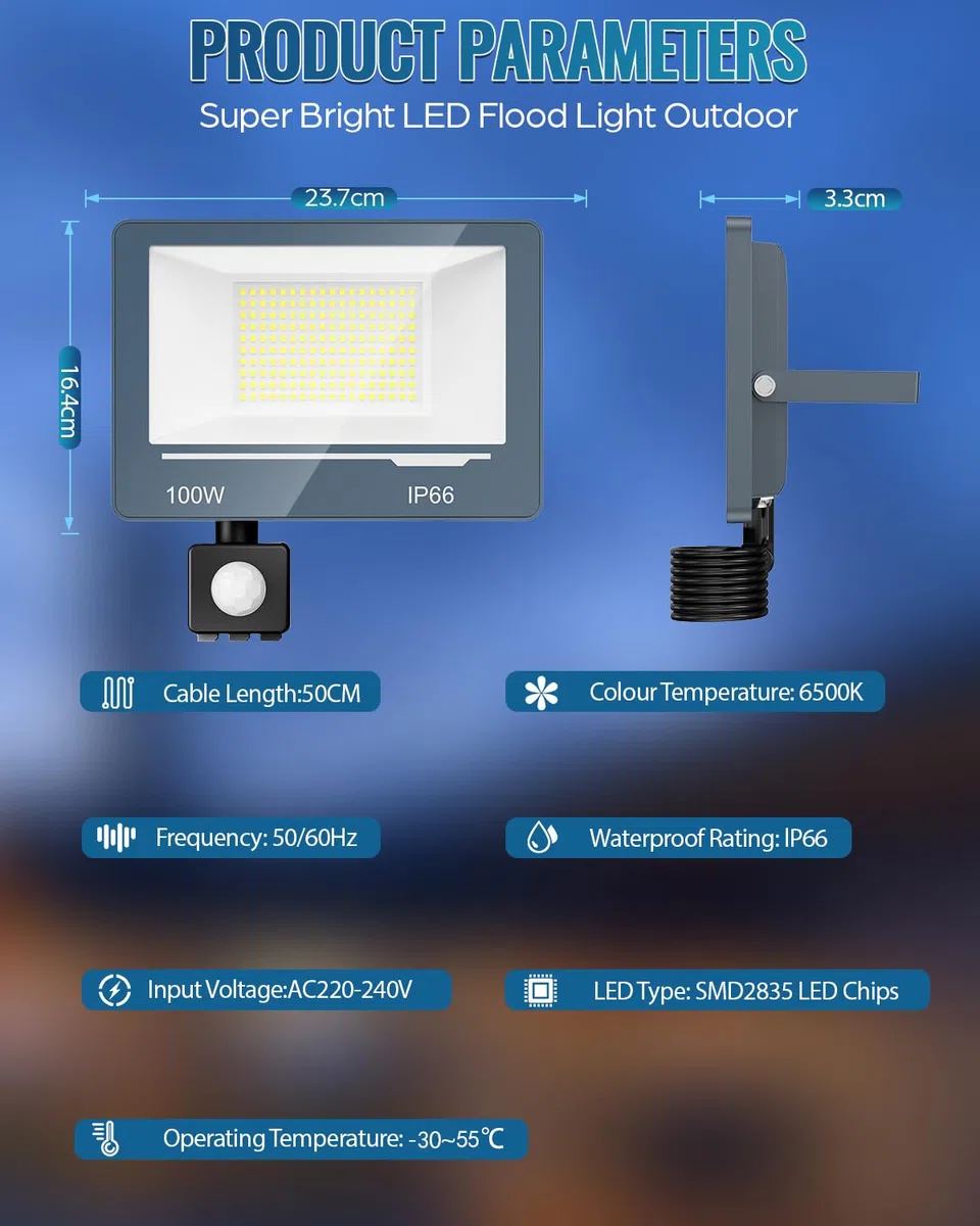 LED Strahler mit Bewegungsmelder Außen 100W, LED Scheinwerfer mit Bewegungsmelder 10000LM Super Hell, 6500K Kaltweiß, IP66 Wasserdicht, Sicherheitsbeleuchtung für Garten/Hof 1 Stücke
