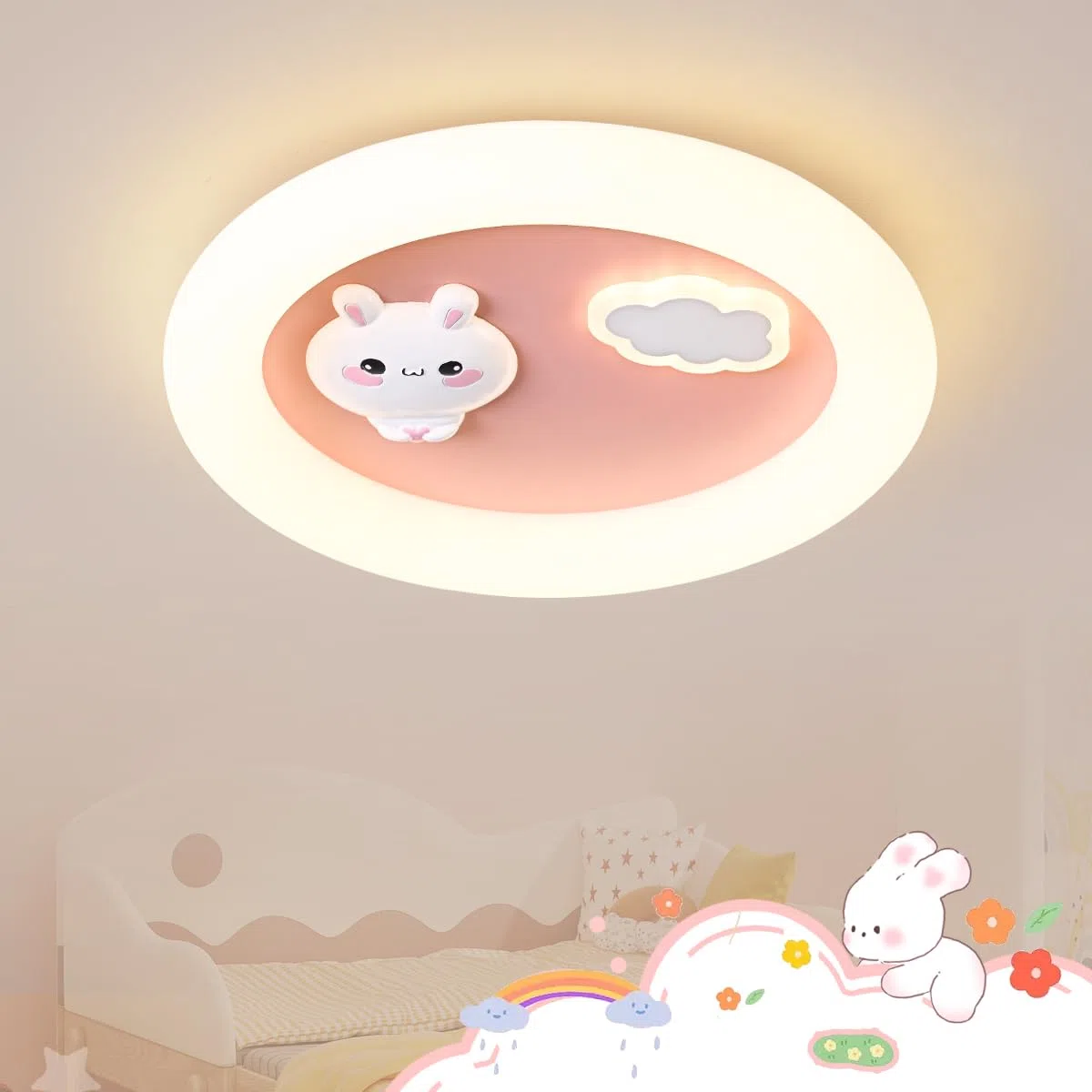LED Kinder Deckenlampe Hase Wolke Kinderzimmer Lampe Decke, Dimmbar Deckenleuchte mit Fernbedienung, Mädchen Zimmer Licht Schlafzimmer Decke Kindergarten Beleuchtung, Nachtlicht Funktion (40cm Rosa)