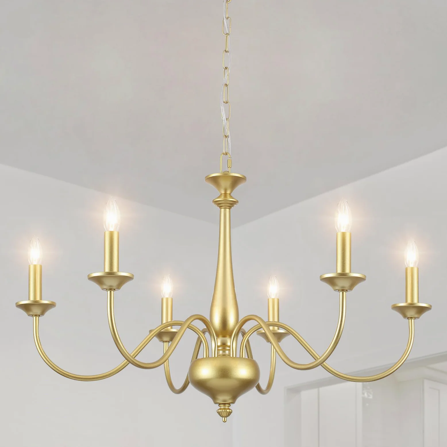 Kronleuchter Gold, 6 Flammig Kronleuchter Modern Wohnzimmerlampe Hängend, E14 Fassung Metall Pendelleuchte Vintage für Esszimmer Schlafzimmer Küche Flur