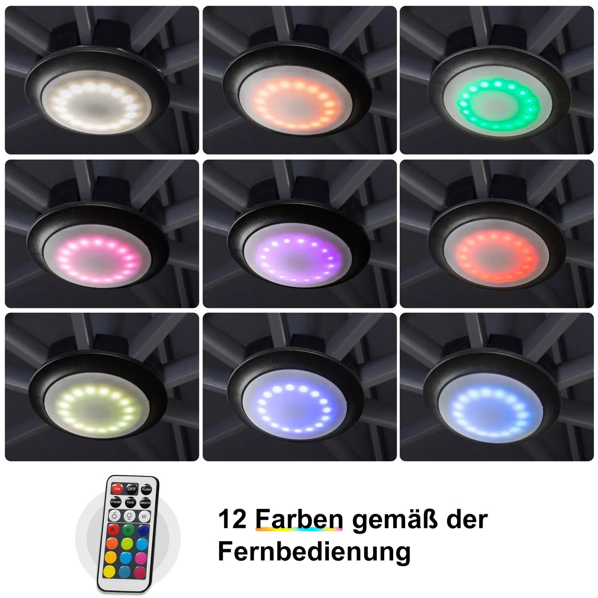 PURPLE LEAF ZY04ZXD LED Sonnenschirm Beleuchtung mit Fernbedienung Tragbarer wiederaufladbarer 12-Farben-Wechsel für Außenbereich
