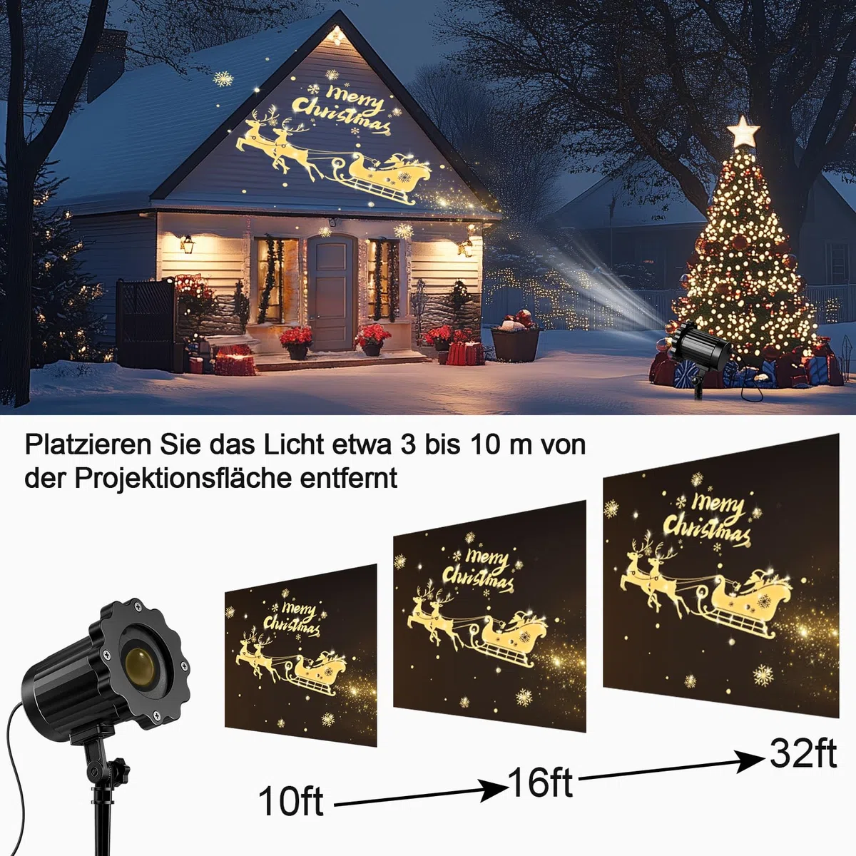 Weihnachten Deko Outdoor Indoor,3D Dynamische Schlitten Weihnachten Projektor,Wasserdicht Weihnachtsbeleuchtung außen für Garten Fenster Wand Hof Party Weihnachtsdeko Projector Lights