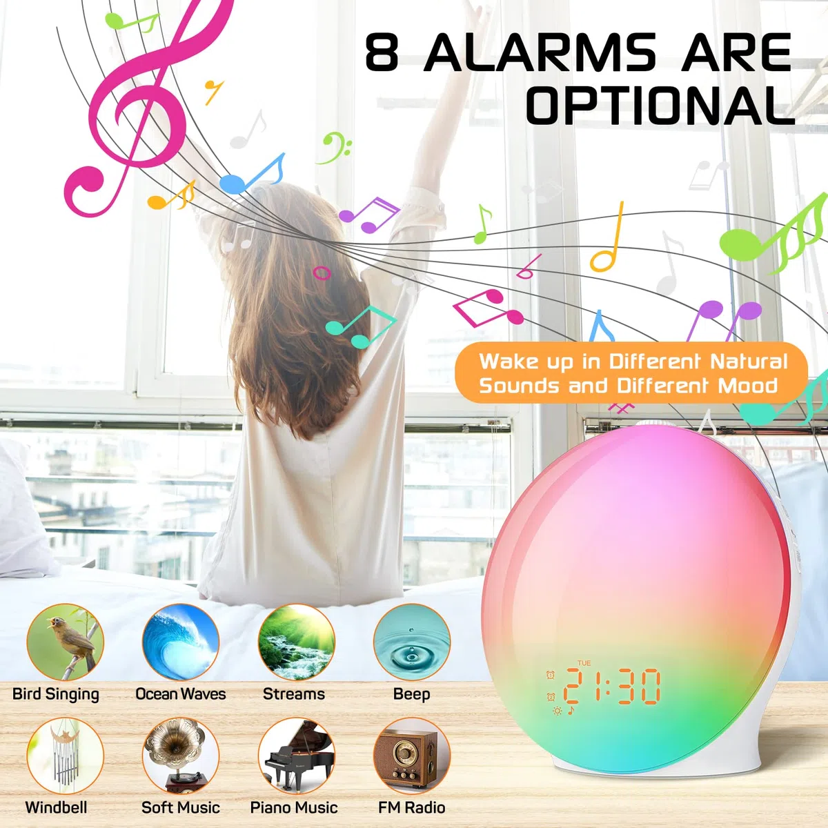 Foryond Lichtwecker,Tageslichtwecker,Sonnenaufgang Sonnenuntergang Simulation Wake Up Light mit Zwei Alarmen,20 Helligkeit,Schlummerfunktion,7 natürlichen Klängen und UKW-Radio für Erwachsene&Kinder