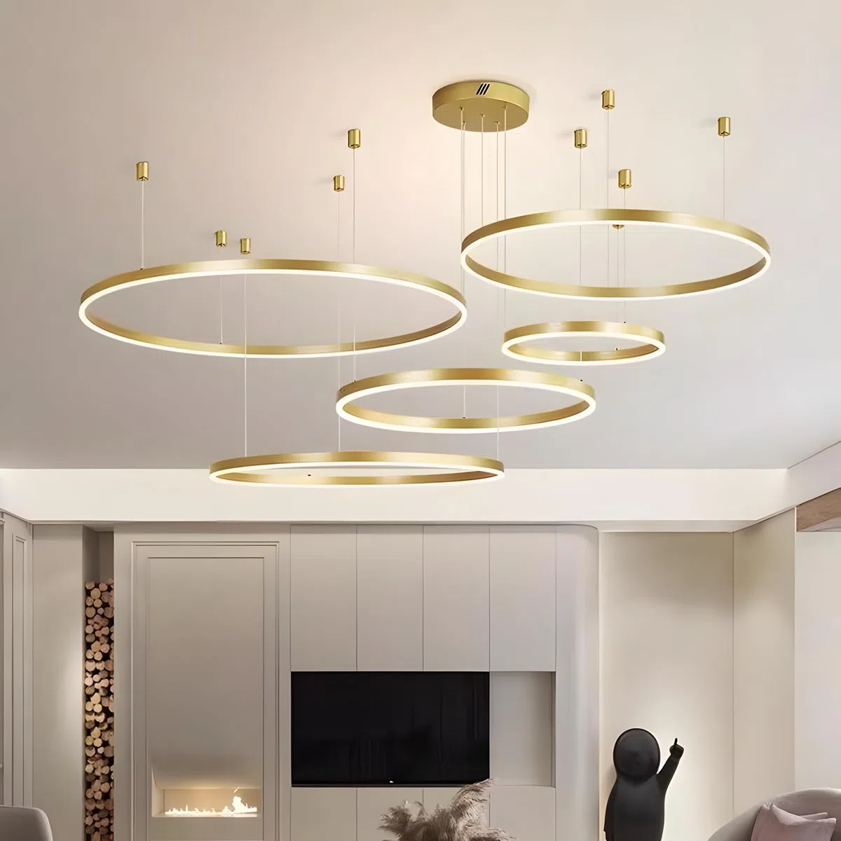 Metall LED Kronleuchter | 5 Kreise 20+40+60+80+100cm | 130W Rings Deckenhängelampe, Dimmbare Fernbedienung 3000–6000K, Acryl Schirm Pendelleuchte, Wohnzimmer Schlafzimmer Esszimmer【Gold】