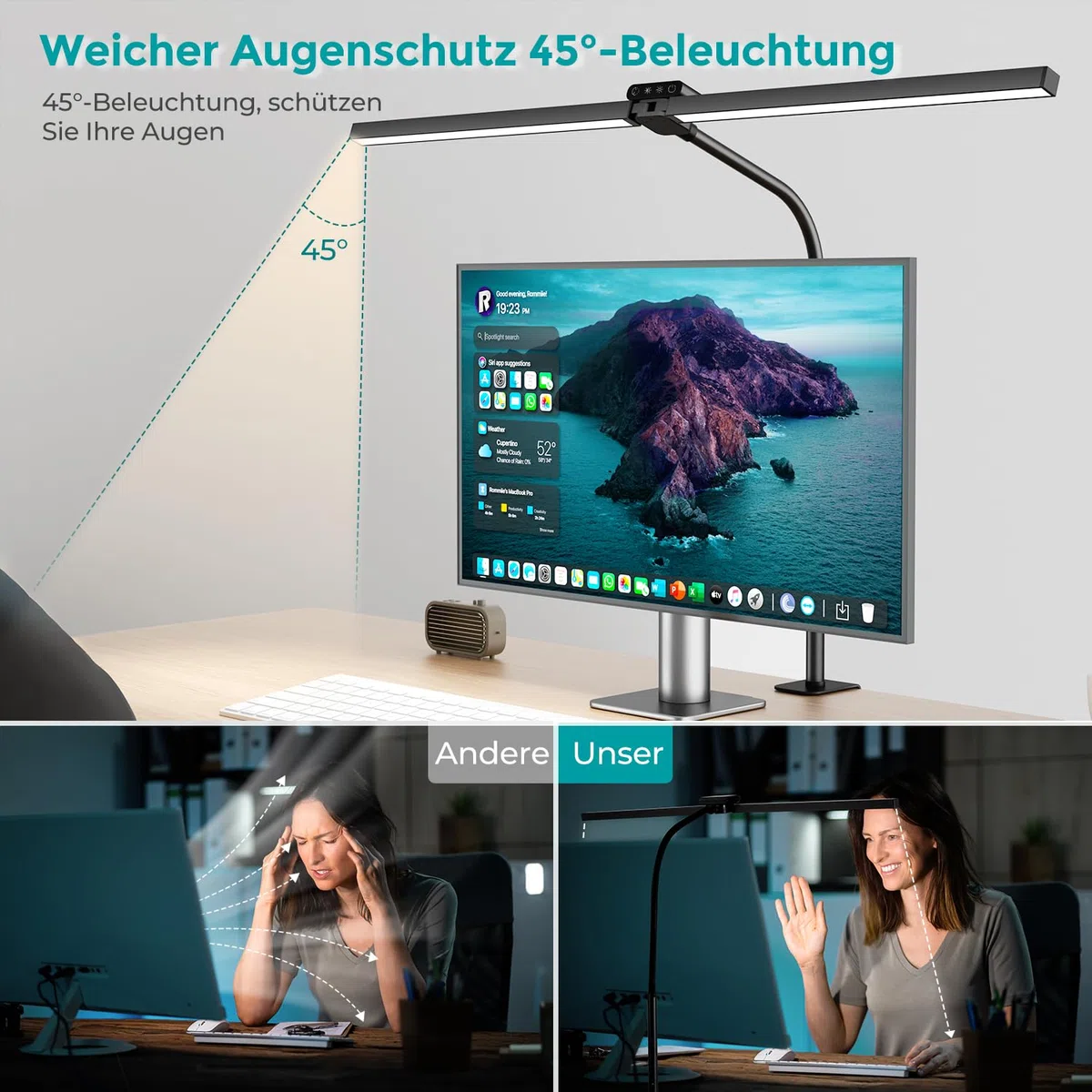 vatato Doppelkopf Schreibtischlampe LED, Dimmbar 24W 80CM Schreibtischlampe für Homeoffice, klemmbar Augenschutz Tageslichtlampe mit Fernbedienungen, 5 Farb 5 Helligkeit Büro Tischlampe (schwarz)