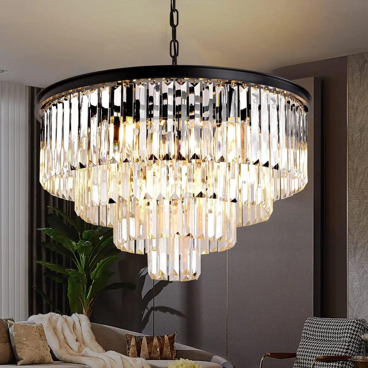 Schwarzer K9-Kristallkronleuchter Rund 60cm 9xE14 dimmbar Deckenlampe für Wohnzimmer Schlafzimmer Küche Eingang Foyer