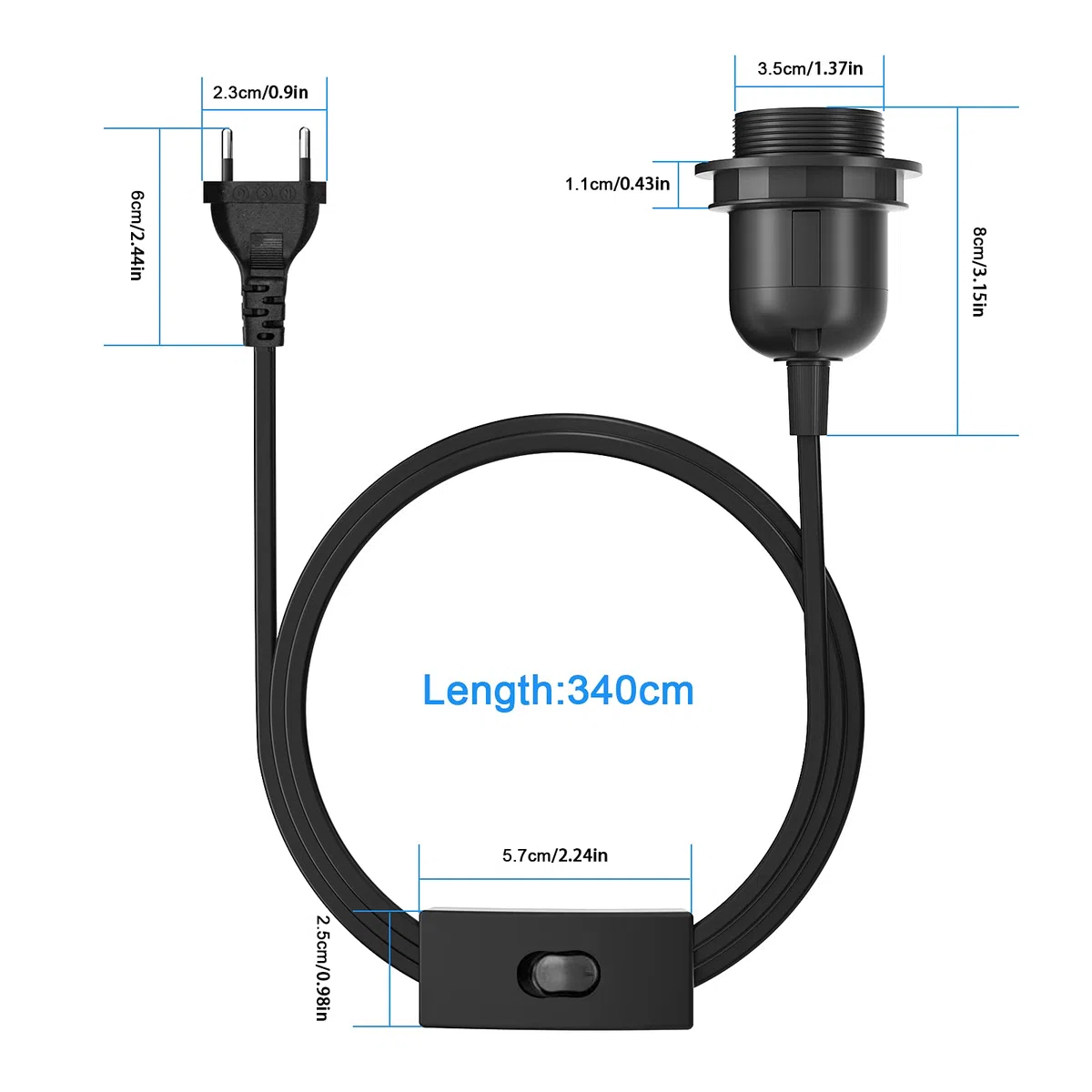 3 x E27 Lampenfassung mit Schalter mit Stecker, E27 Fassung Schwarz mit 3,5m Kabel Schraubring - Küche, Wohnzimmer und Kinderzimmer - Schwarz