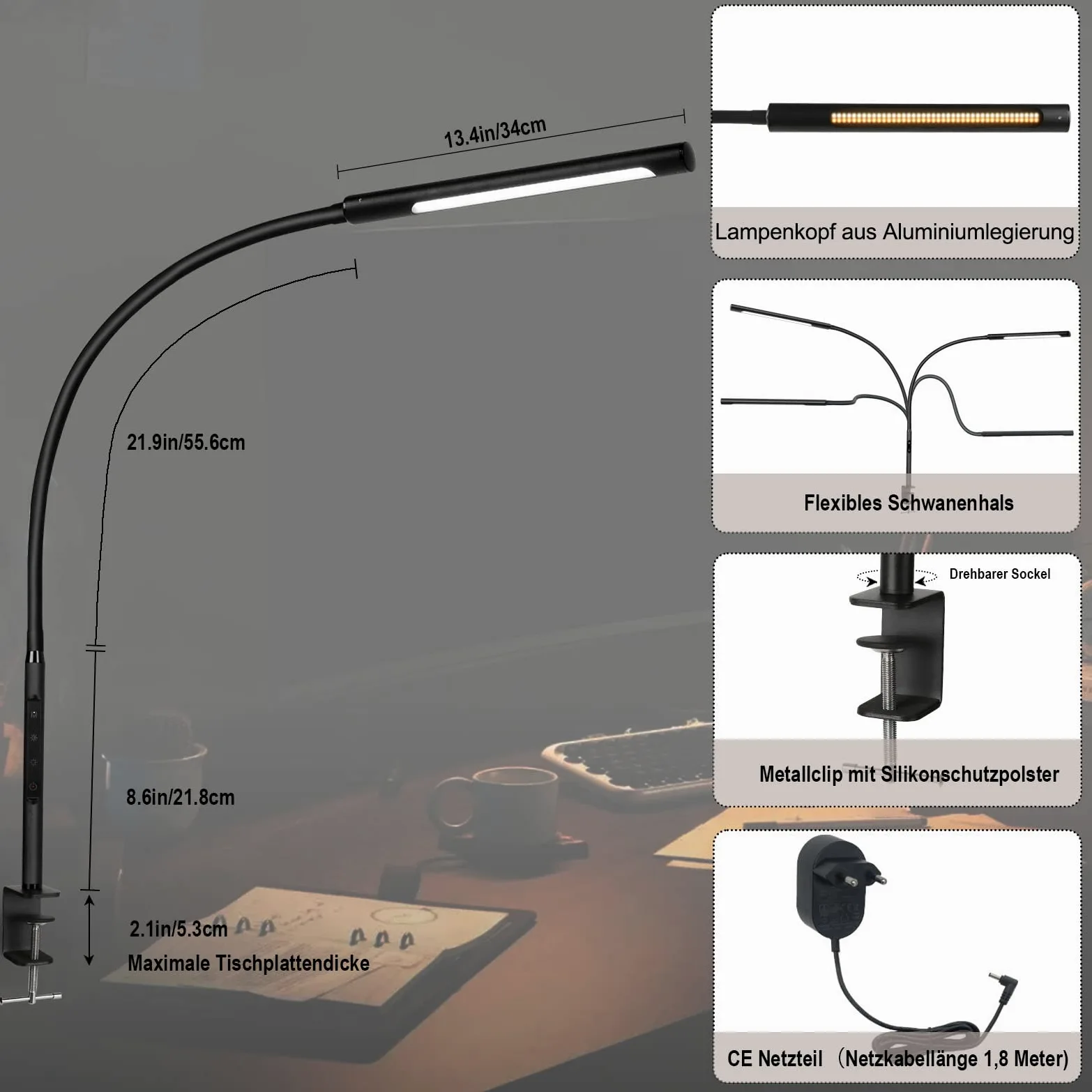 EYOCEAN LED Schreibtischlampe, Augenschutz Klemmleuchte, Klemmlampe Einstellbare Dimmen & Farbtemperaturen, Büro Tischlampe, Klemmlampe mit Speicherfunktion und Timerfunktion, 12W, Schwarz