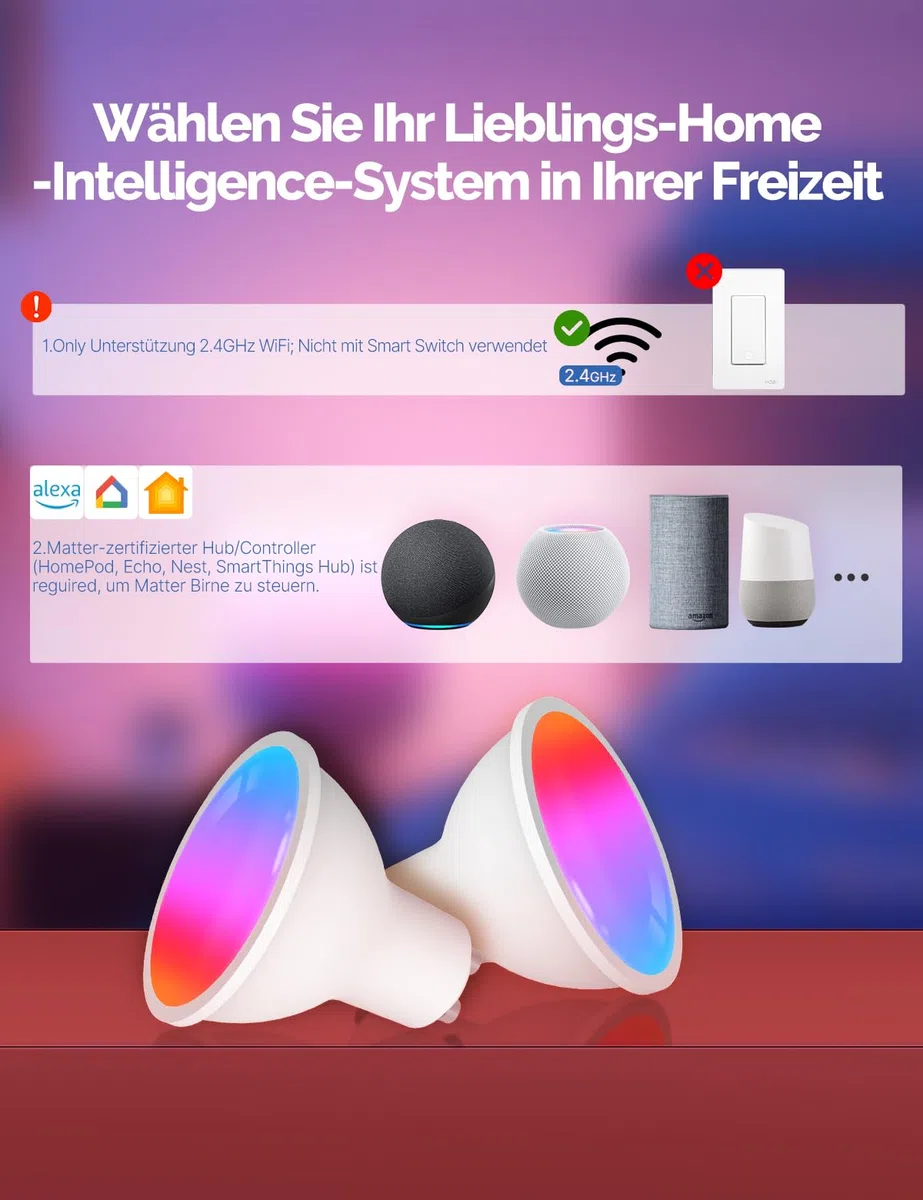 MOES Matter Alexa Smart Glühbirne GU10, WLAN RGB LED Lampe, Dimmbar, 2700K-6500K Warmweiss & Kaltweiß, Musiksynchronisation, 16 Mio. Farben, Kompatibel mit Apple Home&Alexa & Google Home 4Pack