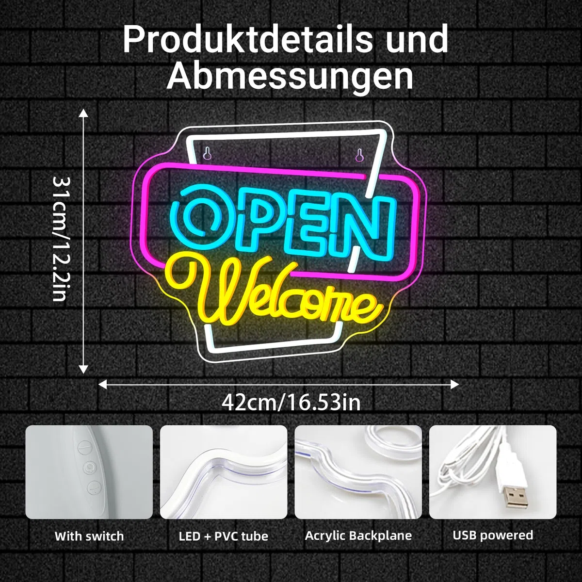 Horseneon Open Welcome Neon Schild Open Leuchtreklamen Dimmbare LED Leuchtschild Offene Neon Sign für Geschäft Schaufenster Party Bar Salon Café Dekoration an der Tür