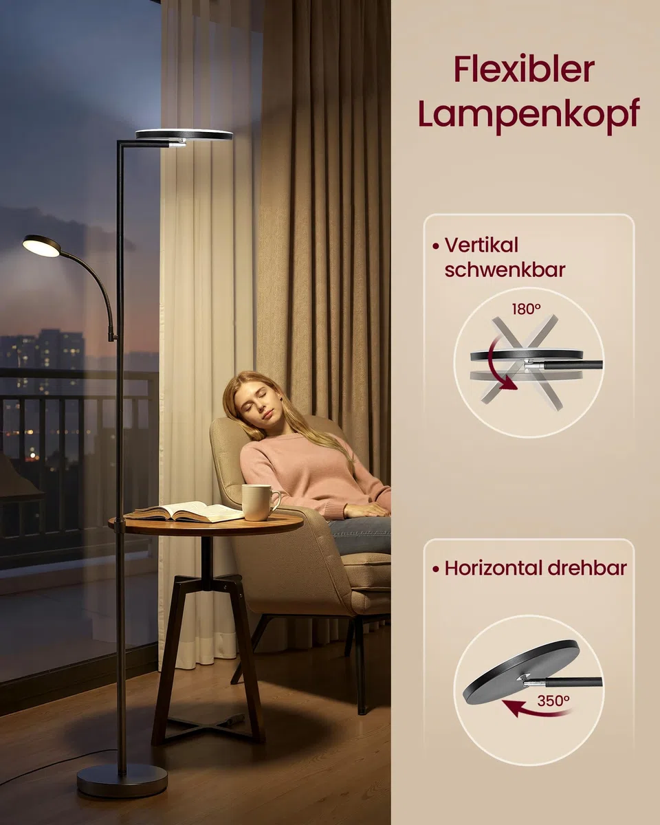 VASAGLE Stehlampe Wohnzimmer, LED-Stehleuchte höhenverstellbar, Standleuchte 42W, drehbarer Lampenkopf, Schlafzimmer, Büro, Leselampe, Timer, Tasten- und Fernbedienung, mattschwarz LFL028BD02