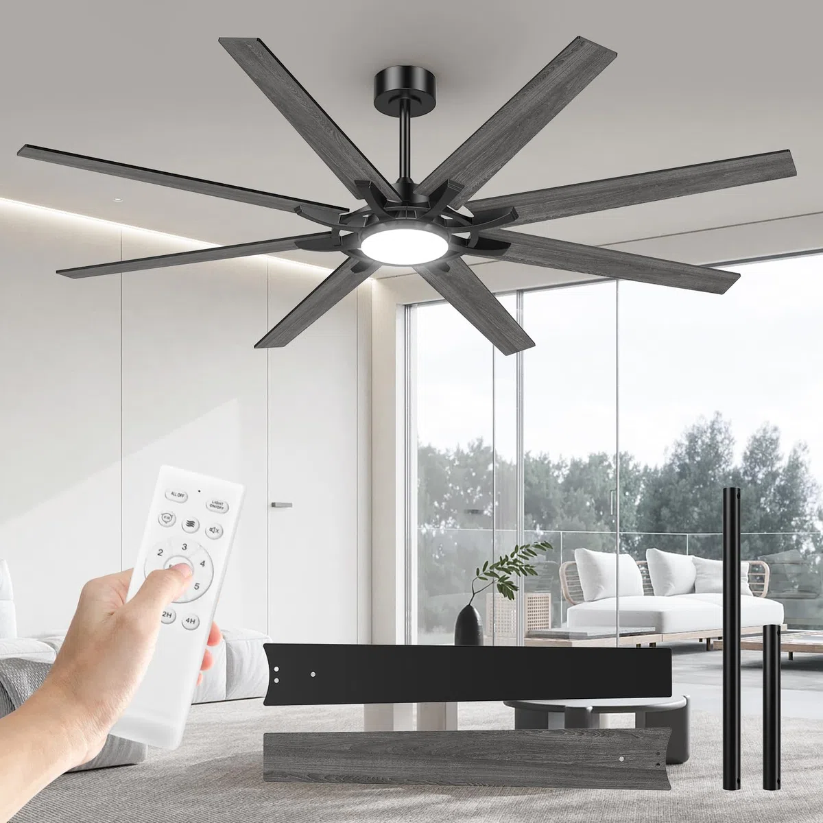 Airwit 183cm Deckenventilator mit Beleuchtung und Fernbedienung, Outdoor, leise, wendbare Flügel, Industrial Design