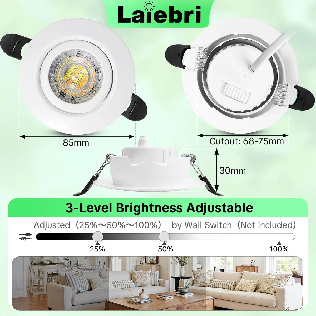 LED Einbaustrahler 230V Dimmbar, 6W IP44 LED Spots, 68mm Deckenspots 38° Schwenkbar 3000K/4000K/6000k für Badezimmer Küche Wohnzimmer Einbauspots Flach Einbauleuchten, Weiß, 6er Set