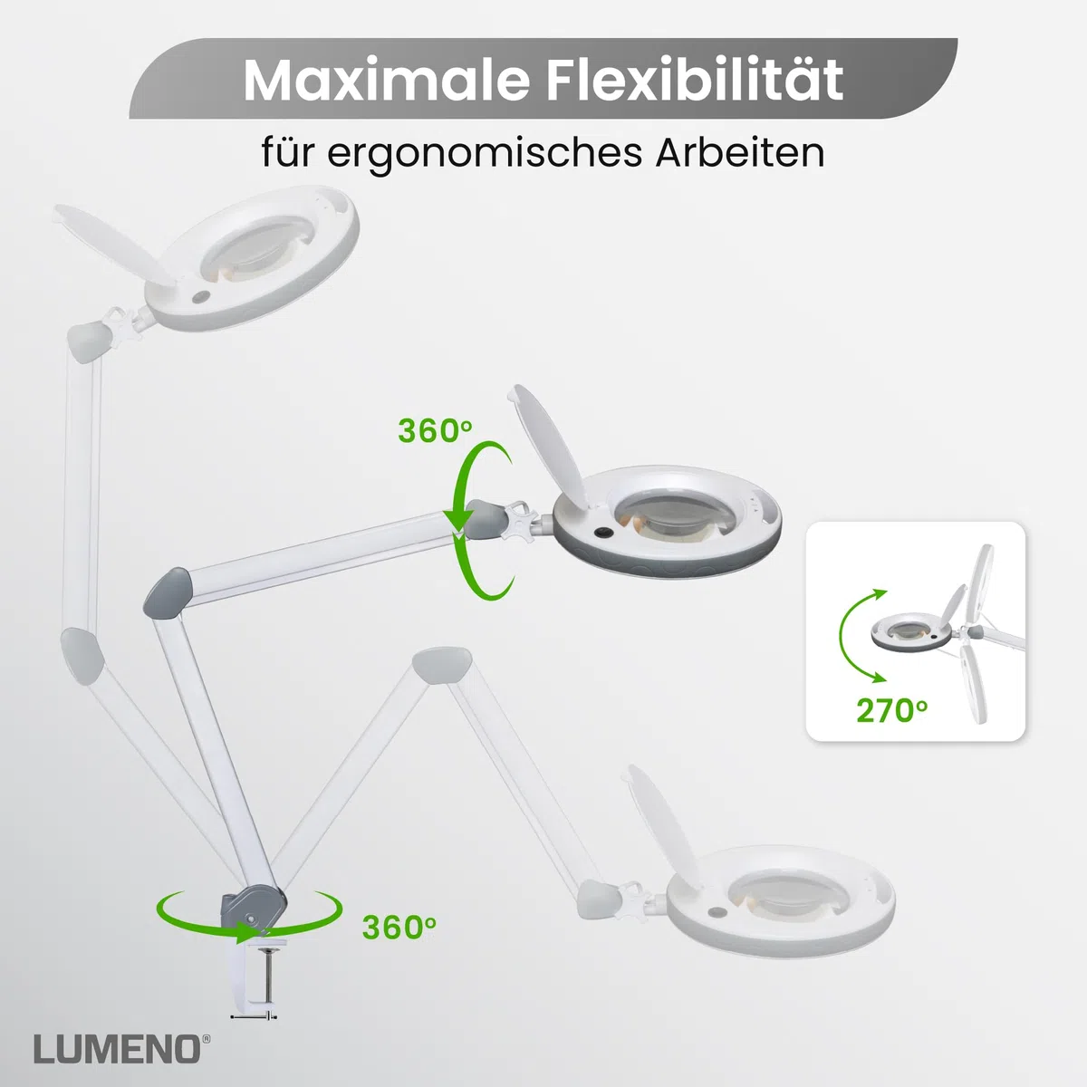Lumeno dimmbare LED Lupenleuchte 8515GR 152 mm Echtglaslinse 5 Dioptrien einstellbare Helligkeitsstufen Grau