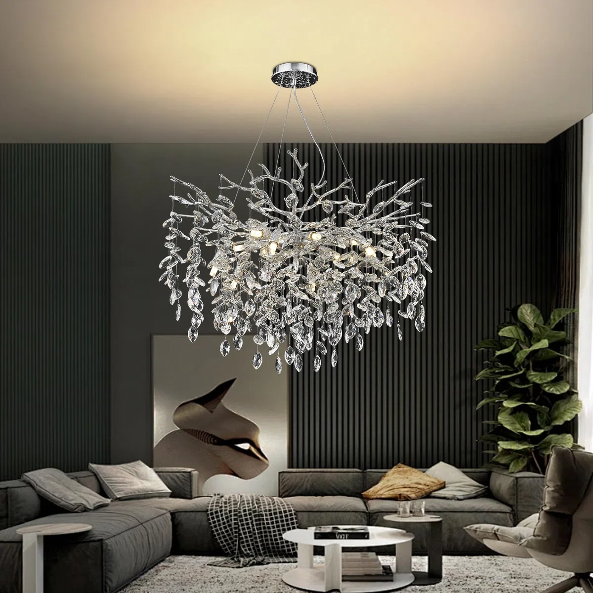 AHXIAOZN Luxury Tree Branch Kronleuchter, Modern Kronleuchter Kristall Leuchte, Große Luxus Kristall Pendelleuchte, Raindrop Leuchte, für Esszimmer, Wohnzimmer (Silber 80cm)