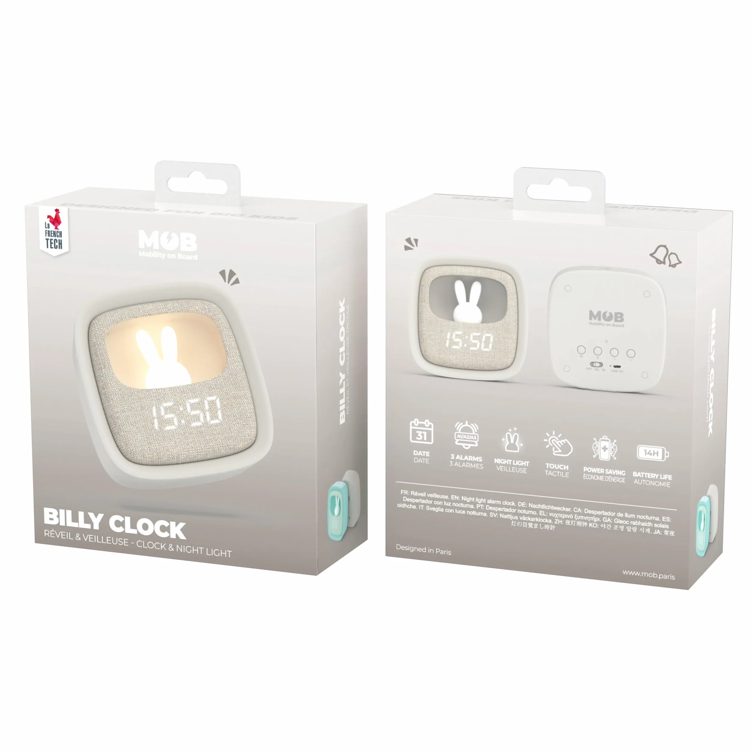 Mob – Mobility ON Board Billy Clock Wecker und Nachtlicht für Kinder, Rahmen aus Kunststoff, (grau)
