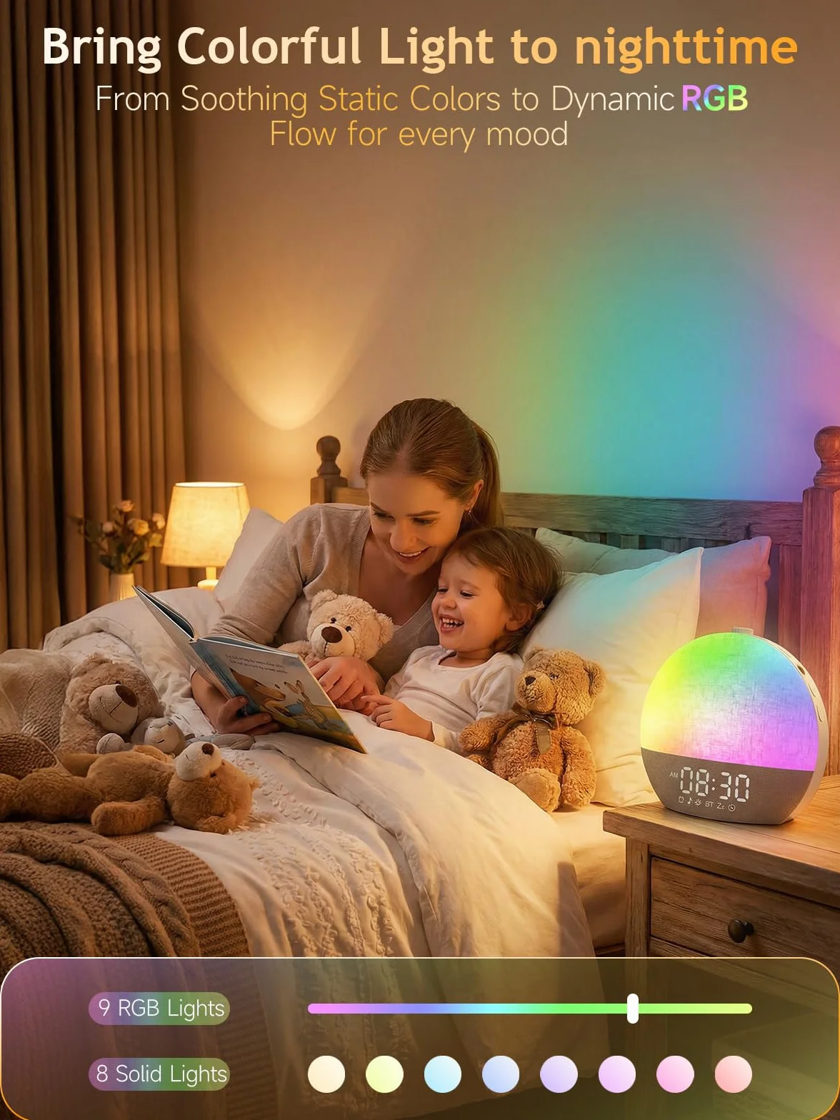 Tageslichtwecker Lichtwecker Sonnenaufgang Wecker mit Wake Up Light|Weißes Rauschen,Wecker mit 30 Beruhigende Klänge & Schlaf timer,Dimmbare 17 RGB Nachtlicht 20 Helligkeitsstufen für Frauen Männer