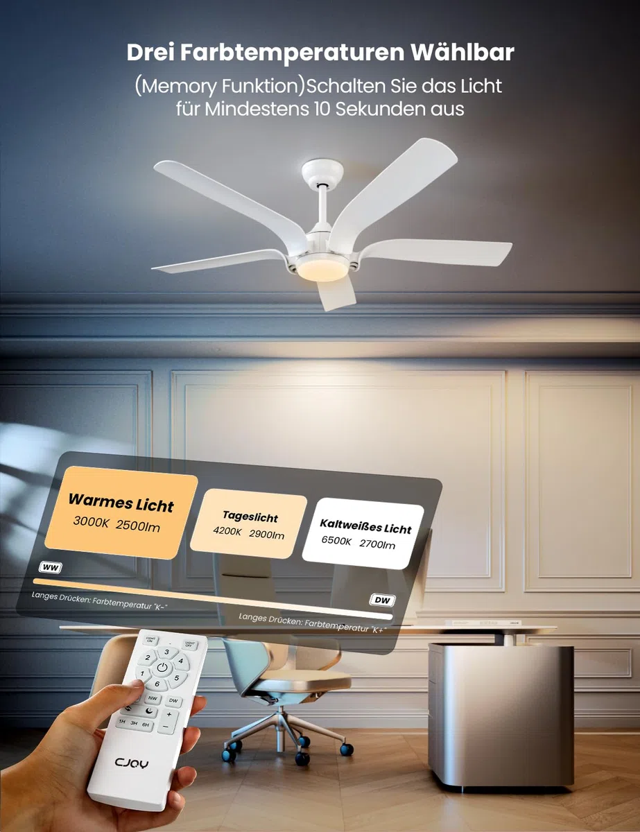 CJOY Deckenventilator mit Beleuchtung 142cm Weiß Fernbedienung Leise 6 Geschwindigkeiten 3 CCT Dimmbar Reversible 5 Flügel