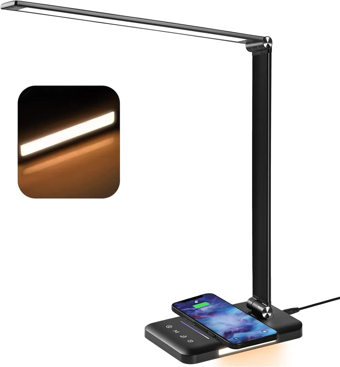 BIENSER Schreibtischlampe LED mit 10W Wireless Charging, USB Ladefunktion, 600LM Bürolampe Tischlampe mit 10 Helligkeits X 5 Farbstufen Dimmbar, Nachtlicht, Memory-Funktion, Auto Timer, 6000K, 24W