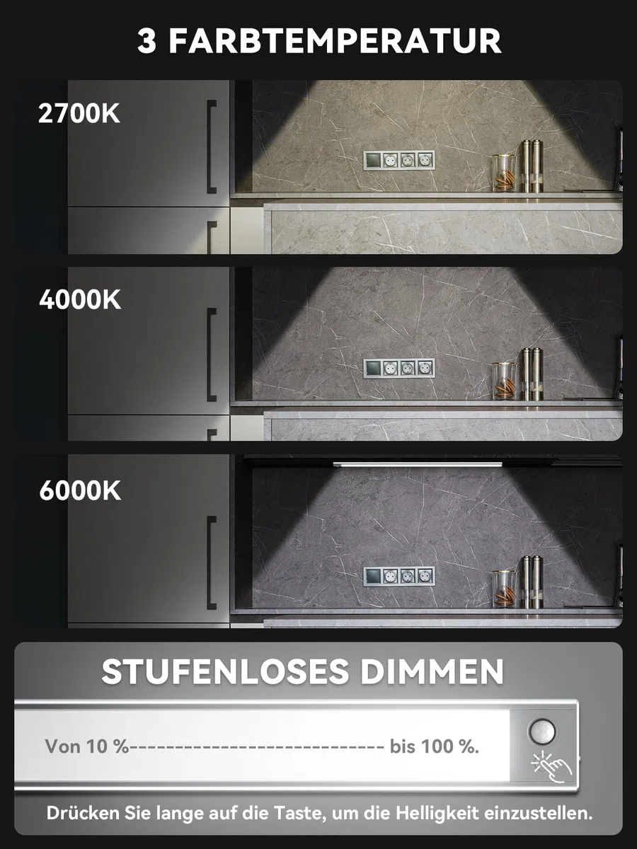 60CM Unterbauleuchte Küche LED Dimmbar, 216 LEDs Schrankbeleuchtung mit Bewegungsmelder, 4500mAh wiederaufladbar Beleuchtung LED leiste, 3 Farbmodi magnetische Led Leiste für Schrank,Kleiderschrank