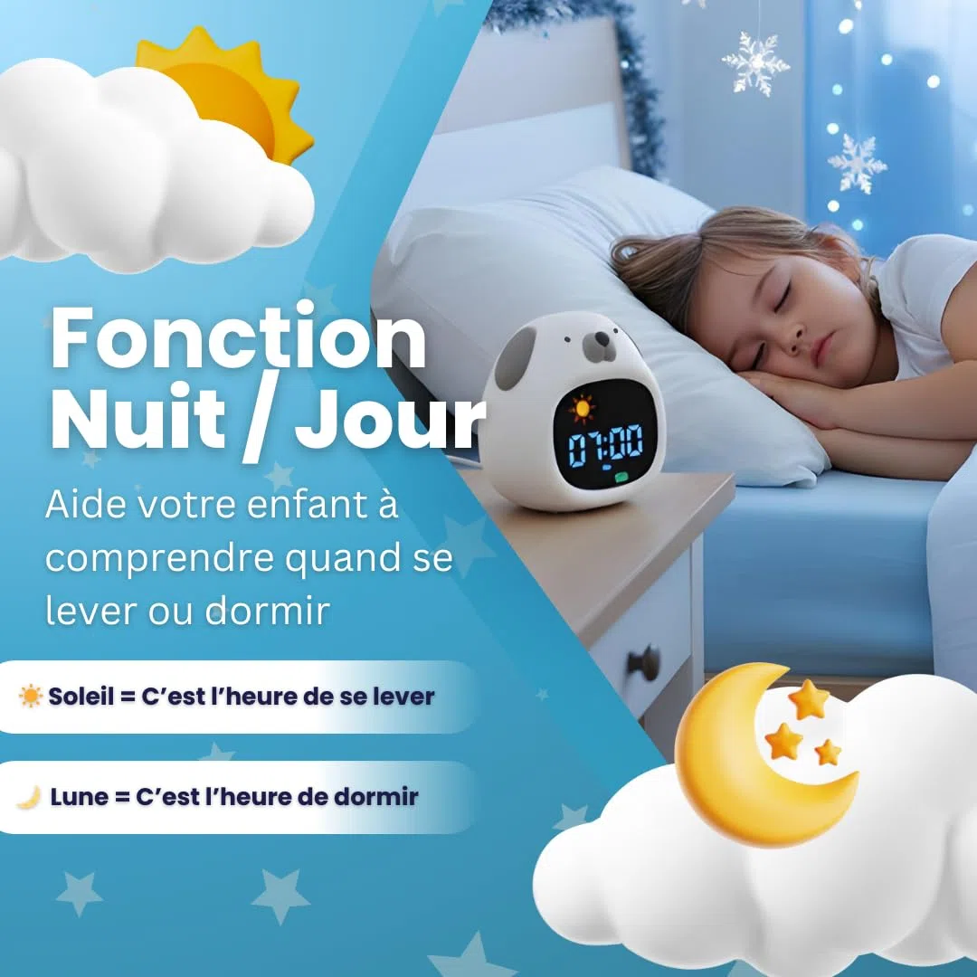 Lernwecker für Kinder, Tag / Nacht – Nachtlicht für Kinder, Musik und Licht, Lernuhr mit entspannender Musik – weißes Geräusch, Dekoration für Babyzimmer, Lichtwecker – 4 NIV Helligkeit (Hund)