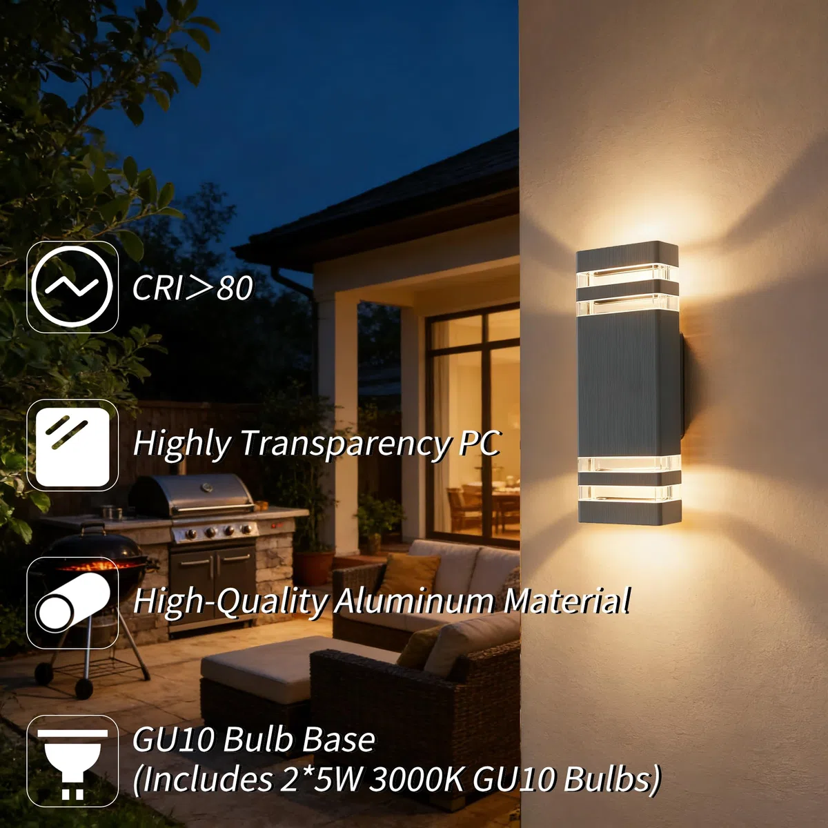 JNR Aussenlampe Wand IP54 Wasserdichte LED Wandleuchte Aussen, Außenlampe Wand 2 * 5w GU10 3000K Warmweiß Glühbirne, Außenleuchte Wand LED Aussenleuchte, Anthrazit Grau