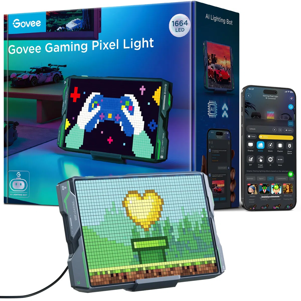 Govee Pixel Licht Gaming Rechteck, 52x32 RGBIC Pixel Art LED Panel, DIY, 150 Szenenmodi, 10 Musikmodi, AI, Alexa, Google Assistant