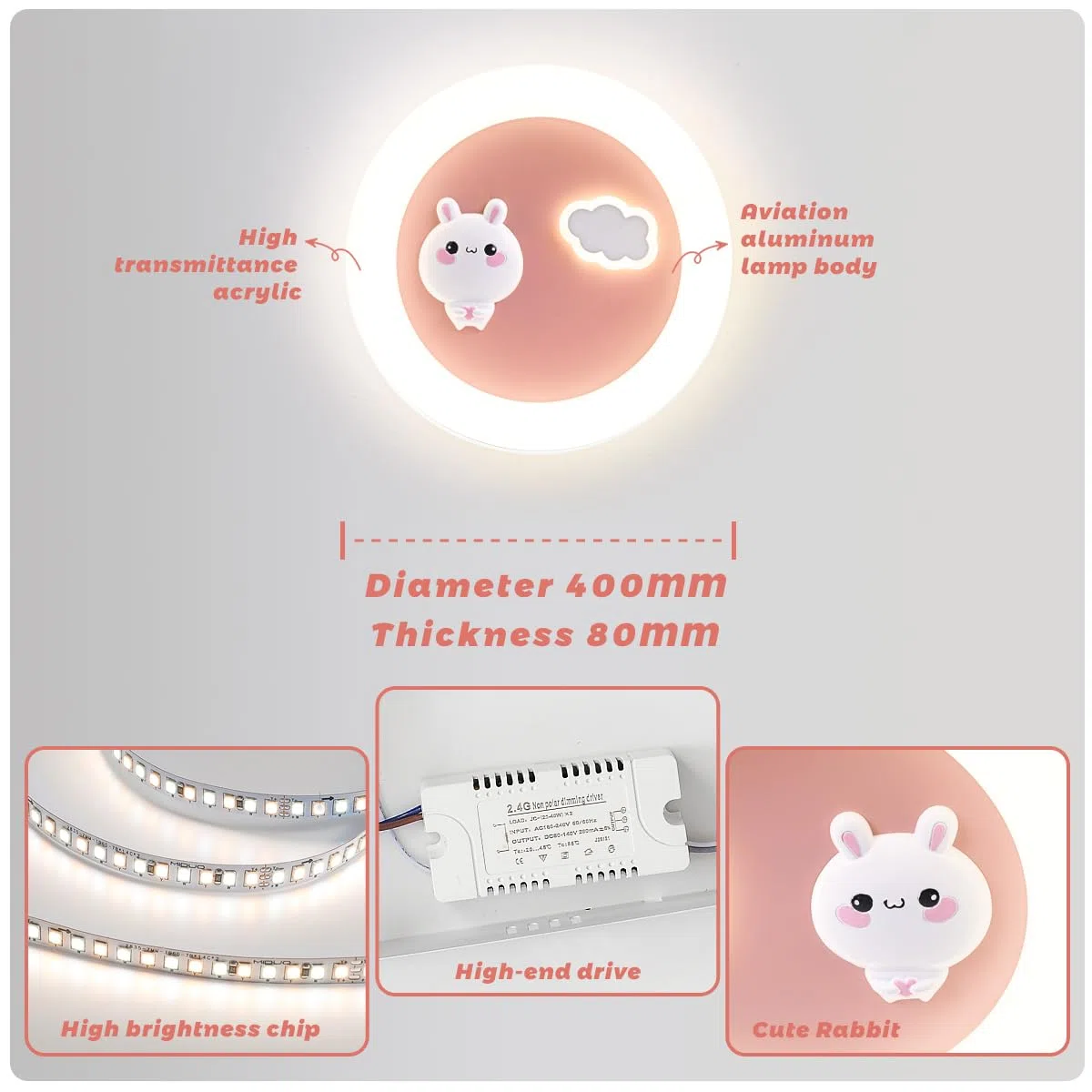 LED Kinder Deckenlampe Hase Wolke Kinderzimmer Lampe Decke, Dimmbar Deckenleuchte mit Fernbedienung, Mädchen Zimmer Licht Schlafzimmer Decke Kindergarten Beleuchtung, Nachtlicht Funktion (40cm Rosa)