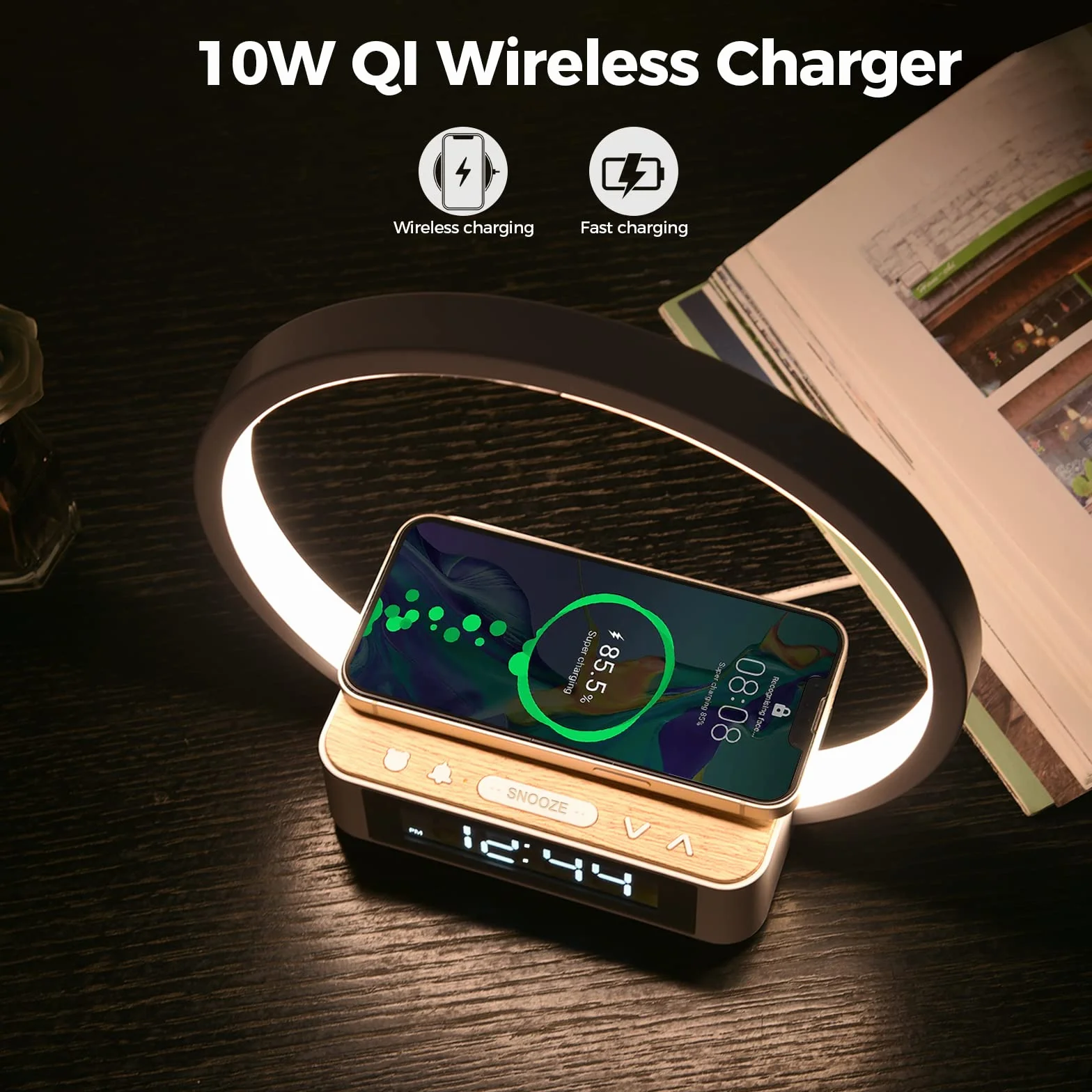blonbar LED Nachttischlampe mit Ladefunktion, 10W Wireless Charger & 3 Stufige Helligkeit Tischleuchte, Wake Up Licht Wecker Touch Control Dimmbar für Schlafzimmer Wohnzimmer